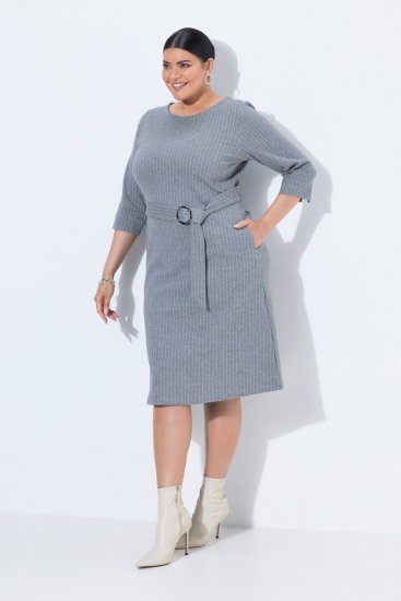 Ulla Popken 851666 Gestreiftes Midikleid mit 3/4-Ärmeln Grau meliert - Midikleider - Midikleider für Damen in großen Größen