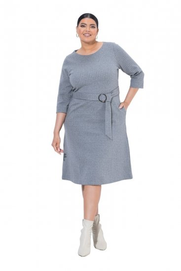 Ulla Popken 851666 Gestreiftes Midikleid mit 3/4-Ärmeln Grau meliert - Midikleider - Midikleider für Damen in großen Größen