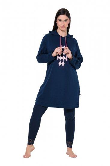 Ulla Popken 851749 Homewear-Kleid mit Karomuster und Kapuze Dunkelblau - Pyjama/Loungewear - 