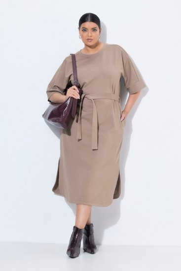 Ulla Popken 852288 Kurzärmliges Midikleid mit Bindegürtel Hellbraun - Midikleider - Midikleider für Damen in großen Größen