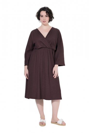 Ulla Popken 852307 Langärmliges Wickelkleid Mahagonibraun - Midikleider - Midikleider für Damen in großen Größen