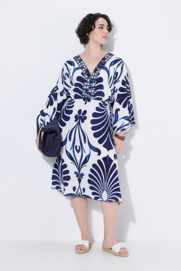 Ulla Popken 852314 Gemustertes Kleid Weiß - Midikleider - Midikleider für Damen in großen Größen