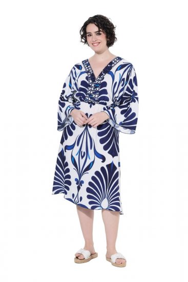 Ulla Popken 852314 Gemustertes Kleid Weiß - Midikleider - Midikleider für Damen in großen Größen