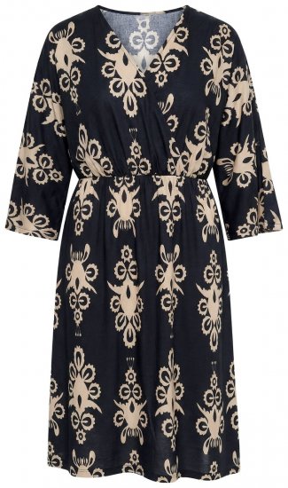 Ulla Popken 852315 Gemustertes Wickelkleid Schwarz - Midikleider - Midikleider für Damen in großen Größen