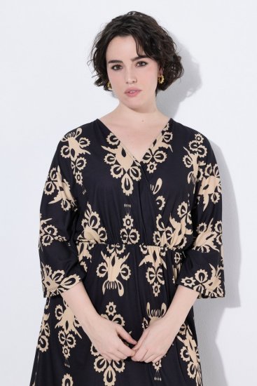 Ulla Popken 852315 Gemustertes Wickelkleid Schwarz - Midikleider - Midikleider für Damen in großen Größen