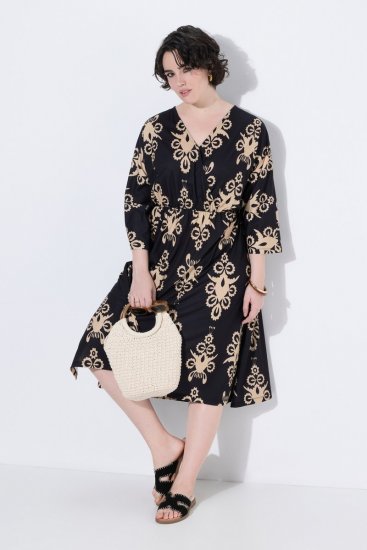 Ulla Popken 852315 Gemustertes Wickelkleid Schwarz - Midikleider - Midikleider für Damen in großen Größen