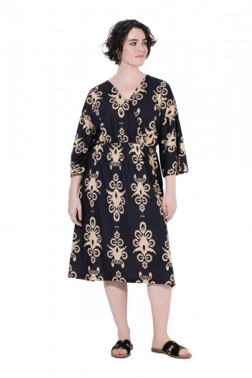 Ulla Popken 852315 Gemustertes Wickelkleid Schwarz - Midikleider - Midikleider für Damen in großen Größen