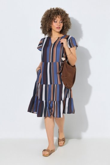 Ulla Popken 852771 Gestreiftes Kleid mit Volants Dunkelblau - Kleider - Kleider für alle Größen