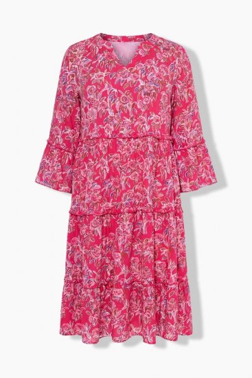 Ulla Popken 852841 Geblümtes Kleid mit Volants Magenta - Midikleider - Midikleider für Damen in großen Größen