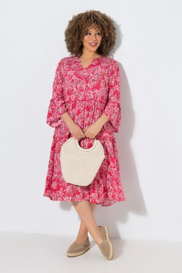 Ulla Popken 852841 Geblümtes Kleid mit Volants Magenta - Midikleider - Midikleider für Damen in großen Größen