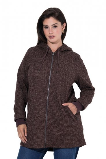 Ulla Popken 853577 Strickfleece-Jacke mit Kapuze und Schriftzug Mahagonibraun - Fleecekleidung - 