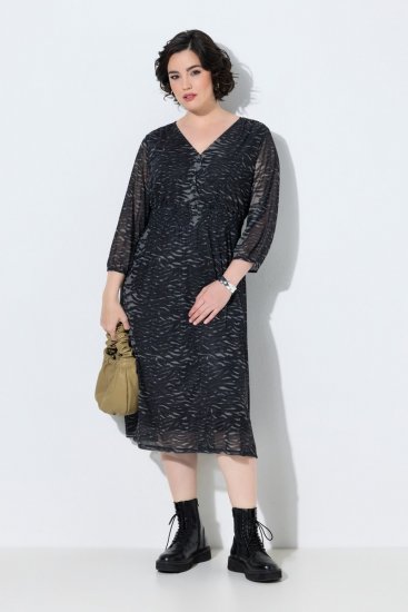 Ulla Popken 853620 Midikleid mit Animal-Print und 3/4-Ärmeln Schwarz - Midikleider - Midikleider für Damen in großen Größen