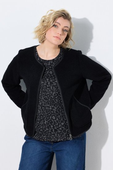 Ulla Popken 853685 Kurze Teddyjacke mit Lederoptik-Paspel Schwarz - Jacken - Damenjacken in großen Größen