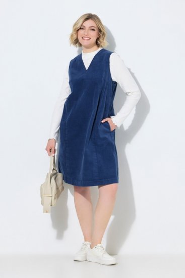 Ulla Popken 853697 Ärmelloses Cordkleid mit V-Ausschnitt Dunkelblau - Sommerkleider - Sommerkleider in großen Größen