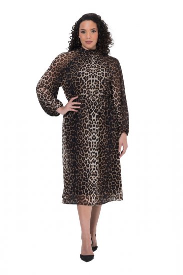 Ulla Popken 853788 Chiffonkleid mit Animal-Print Hellbraun - Maxikleider - Maxikleider in großen Größen