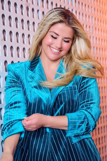 Ulla Popken 855499 Samtblazer mit Strasssteinen Türkis - Blazer - Blazer in großen Größen für Damen