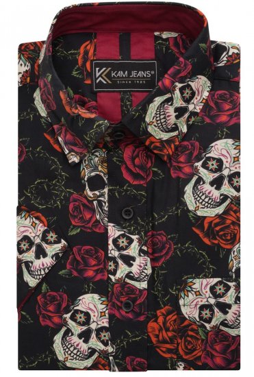 Kam Jeans 6042 Rose Skull Digital Print Shirt Black - Herrenhemden - Herrenhemden in großen Größen