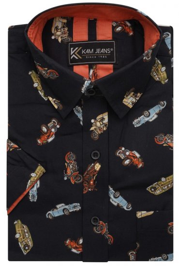 Kam Jeans 6046 Vintage Car Digital Print Shirt Black - Herrenhemden - Herrenhemden in großen Größen