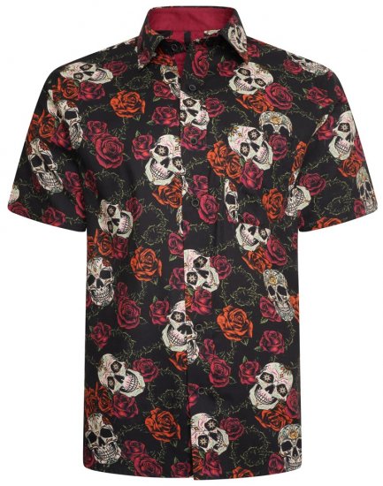 Kam Jeans 6042 Rose Skull Digital Print Shirt Black - Herrenhemden - Herrenhemden in großen Größen