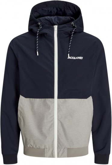 Jack & Jones RUSH White/Grey Blocking Bomber Jacket with Hood Dark Blue - Herren jacken - Herren Jacken in großen Größen