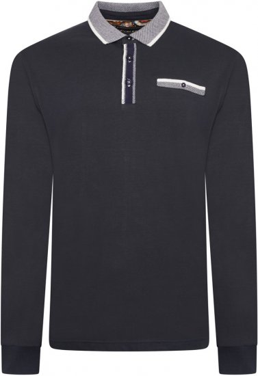 Kam Jeans 5509 LS Jersey Polo with Jacquard Pattern on Collar/Cuffs Navy - Polo-shirts für herren - Polo-Shirts für Herren in großen Größen