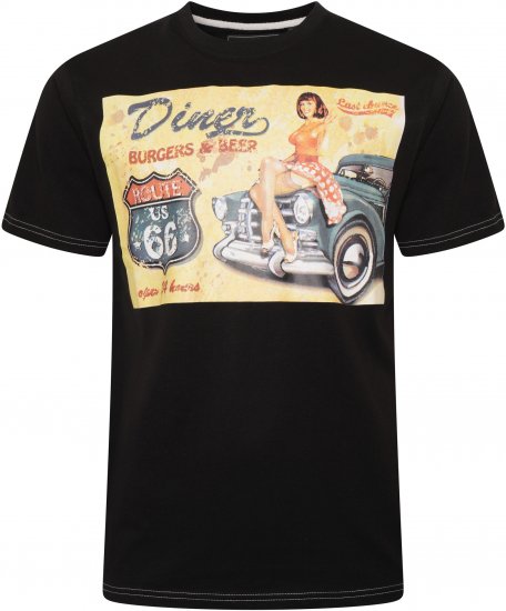 Kam Jeans 5751 Distressed Diners Print T-Shirt Black - Herren-T-shirts - Herren-T-Shirts in großen Größen