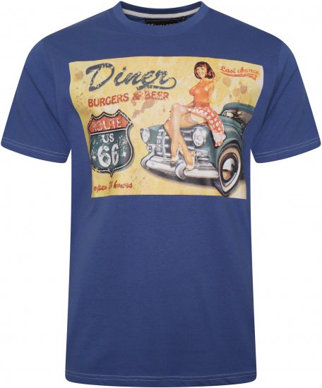 Kam Jeans 5751 Distressed Diners Print T-Shirt Blue - Herren-T-shirts - Herren-T-Shirts in großen Größen