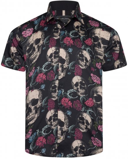Kam Jean 6074 Kurzarmhemd mit Totenkopfprint Schwarz - Herrenhemden - Herrenhemden in großen Größen