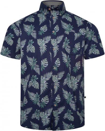 Kam Jeans 6331 AOP Leaf Print Short Sleeve Shirt Navy - Herrenhemden - Herrenhemden in großen Größen