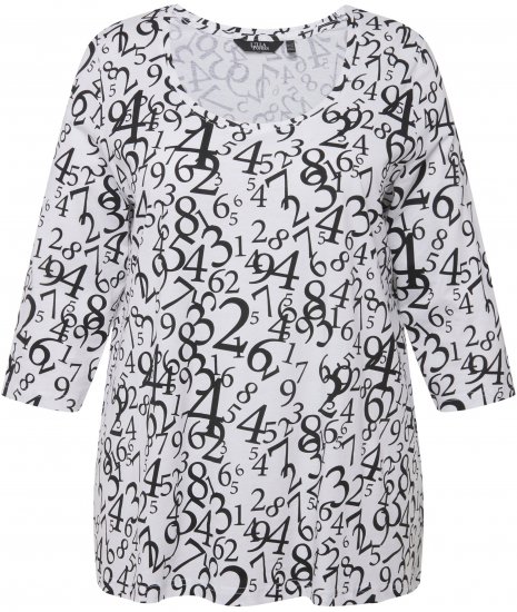 Ulla Popken Number Print 3/4 Sleeve Tee Snow White - Bedruckte T-shirts für herren - Bedruckte Damen-T-Shirts