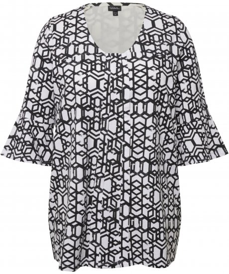 Ulla Popken Geometric Print Trumpet Sleeve Tee Black - Bedruckte T-shirts für herren - Bedruckte Damen-T-Shirts