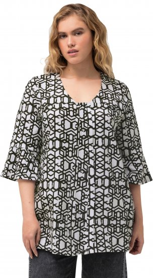 Ulla Popken Geometric Print Trumpet Sleeve Tee Black - Bedruckte T-shirts für herren - Bedruckte Damen-T-Shirts