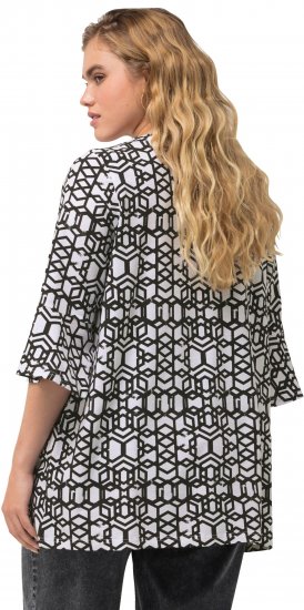 Ulla Popken Geometric Print Trumpet Sleeve Tee Black - Bedruckte T-shirts für herren - Bedruckte Damen-T-Shirts