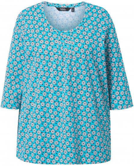 Ulla Popken Flower Print 3/4 Sleeve A-Line Tee Deep Aqua - Bedruckte T-shirts für herren - 