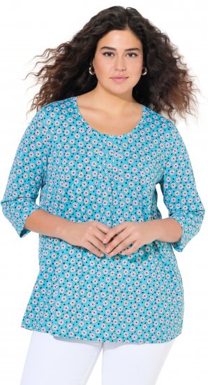 Ulla Popken Flower Print 3/4 Sleeve A-Line Tee Deep Aqua - Bedruckte T-shirts für herren - 