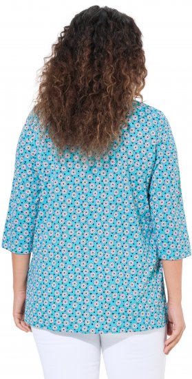 Ulla Popken Flower Print 3/4 Sleeve A-Line Tee Deep Aqua - Bedruckte T-shirts für herren - 
