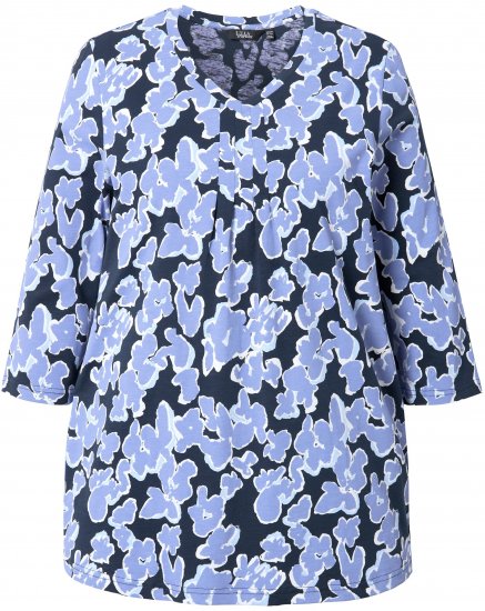 Ulla Popken Floral Print 3/4 Sleeve V-Neck Tee Navy Blue - Bedruckte T-shirts für herren - Bedruckte Damen-T-Shirts
