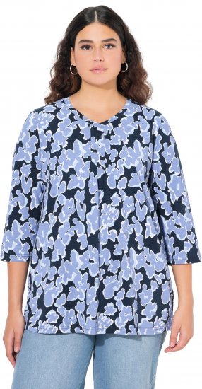 Ulla Popken Floral Print 3/4 Sleeve V-Neck Tee Navy Blue - Bedruckte T-shirts für herren - Bedruckte Damen-T-Shirts