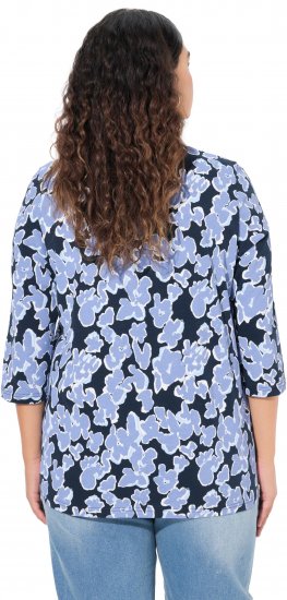 Ulla Popken Floral Print 3/4 Sleeve V-Neck Tee Navy Blue - Bedruckte T-shirts für herren - Bedruckte Damen-T-Shirts