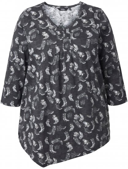 Ulla Popken Asymmetric Cowboy Boot Print Tee Black - Bedruckte T-shirts für herren - 