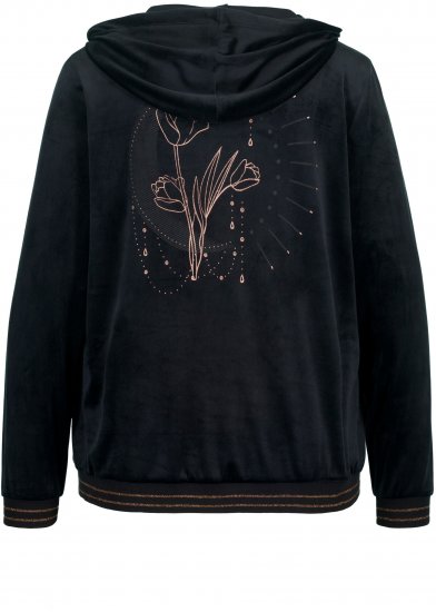 Ulla Popken Tulip Line Print Velour Zip Hoodie Black - Hoodies & Sweatshirts - 