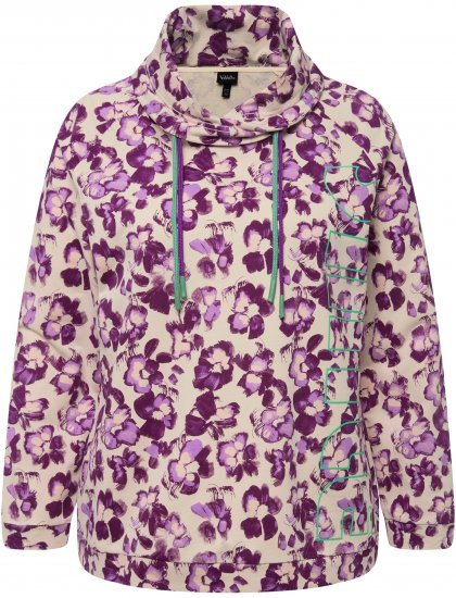 Ulla Popken Floral Print Drawstring Collar Hoodie Vanilla - Hoodies & Sweatshirts - 