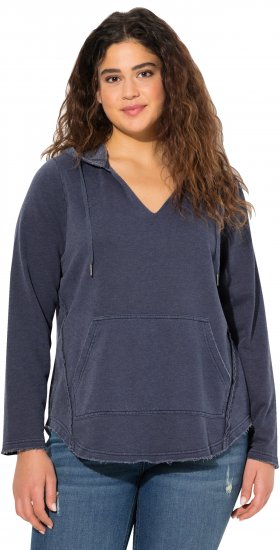 Ulla Popken Open Edged Long Sleeve V-Neck Hoodie Navy - Hoodies & Sweatshirts - 