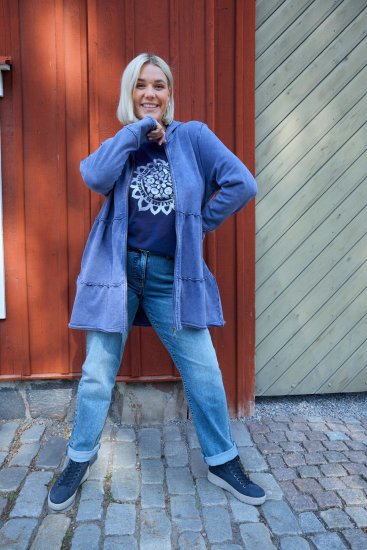 Ulla Popken Tiered Flounce Panel Zip Up Hoodie Atlantic Blue - Hoodies & Sweatshirts - 