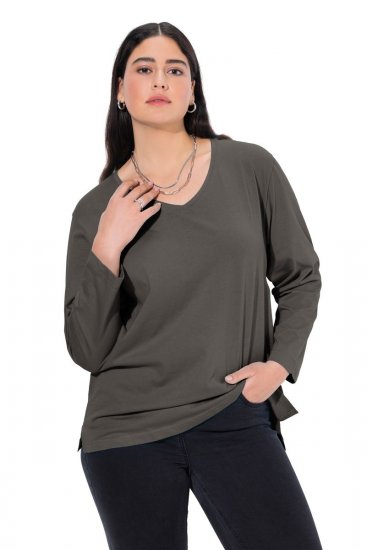 Ulla Popken Back To Basics V-Neck Relaxed Fit Cotton Tee Graphite Grey - T-Shirts - T-Shirts für Damen
