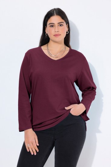Ulla Popken Back To Basics V-Neck Relaxed Fit Cotton Tee Dark Berry - T-Shirts - T-Shirts für Damen