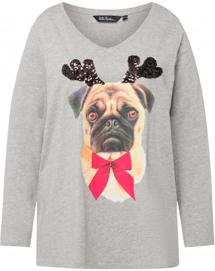 Ulla Popken Holiday Pup Sequin Accent A-line Fit Tee Light Grey Melange - Bedruckte T-shirts für herren - Bedruckte Damen-T-Shirts