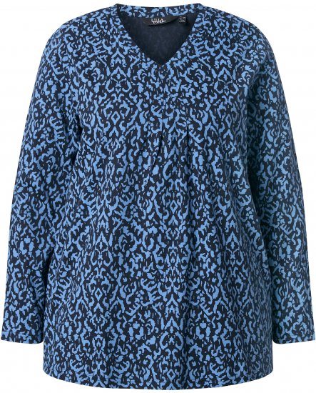 Ulla Popken Geometric Print 3/4 Sleeve Pleated Tee Navy Blue - Bedruckte T-shirts für herren - 