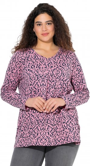 Ulla Popken Geometric Print 3/4 Sleeve Pleated Tee Raspberry - Bedruckte T-shirts für herren - 
