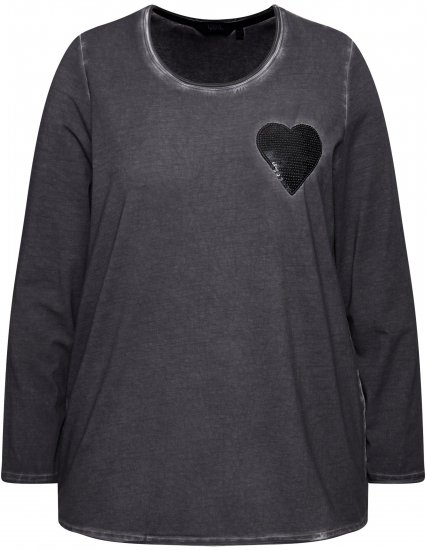 Ulla Popken Cold Dyed Sequined Heart Long Sleeve Tee Asphalt - Bedruckte T-shirts für herren - Bedruckte Damen-T-Shirts